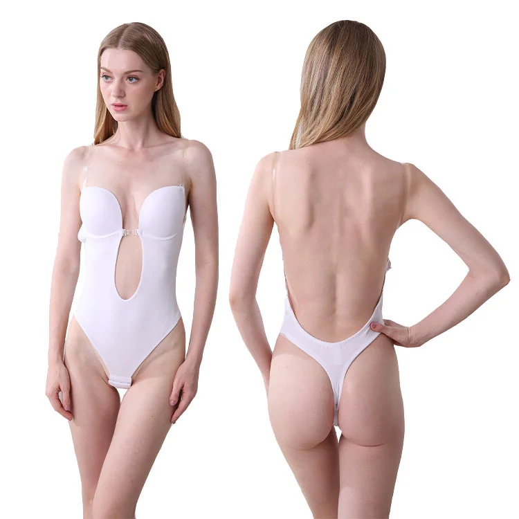 

Woman Deep V Bodysuit Clear Strap Backless Plunge Thong Push Up Padded Bra Body Shaper Suit Convertible Seamless Low Back