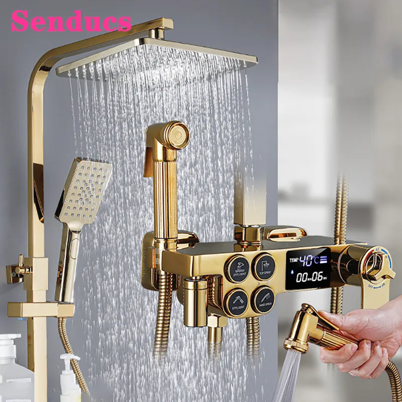 

Digital Shower Set of Quality Brass Bathtub Mixer Tap 12inch Rainfall Shower Head Gold Bathroom Faucet Thermostatic Shower Set