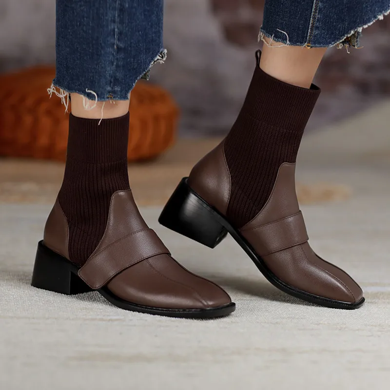 

COVIBESCO Concise Genuine Leather Women's Ankle Boots Comfortable Square Toe High Heels Pumps Night Club Office Shoes Woman