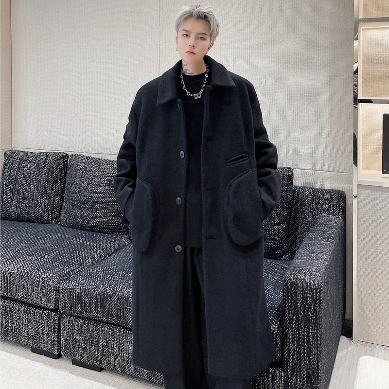 

Пальто мужское твидовое средней длины, однотонное модное Свободное пальто со множеством карманов, на зиму