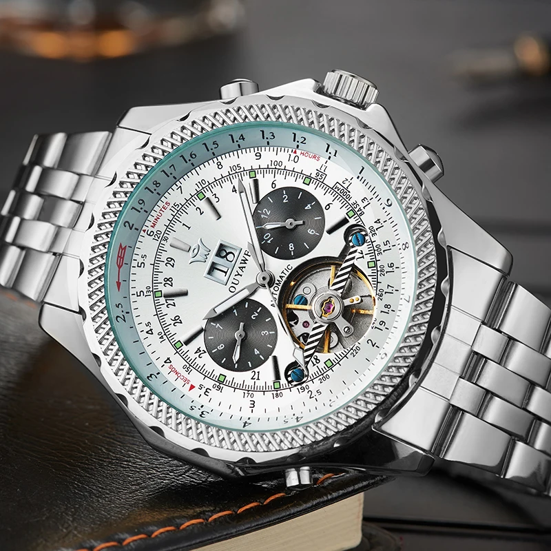 

Mens Watch Mechanical Golden Black Tourbillon Date Business Fashion Steel Band Sport Watches Automatic Self-Wind Relogio