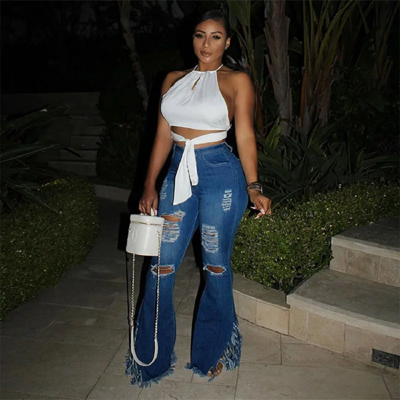 

Flare Pants Women New Roupas Feminina High Waist Flare Jeans Woman Ripped Pantalones Campana Mujer Fringed Womens Jeans Pants
