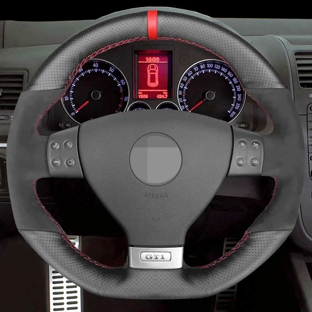 

DIY Black Suede Genuine Leather Car Steering Wheel Cover For Volkswagen Golf 5 Mk5 GTI VW Golf 5 R32 Passat R GT 2005