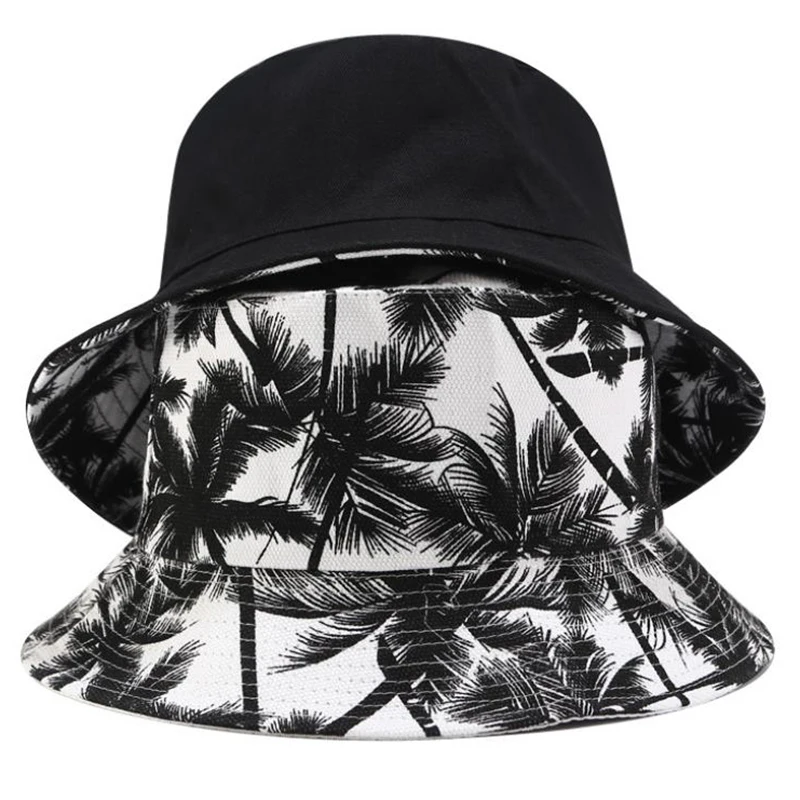 

1PCS Two Side Unisex Printing Hip Hop Hat Summer Fisherman Hat Reversible Coconut Tree Bucket Hat For Women Men