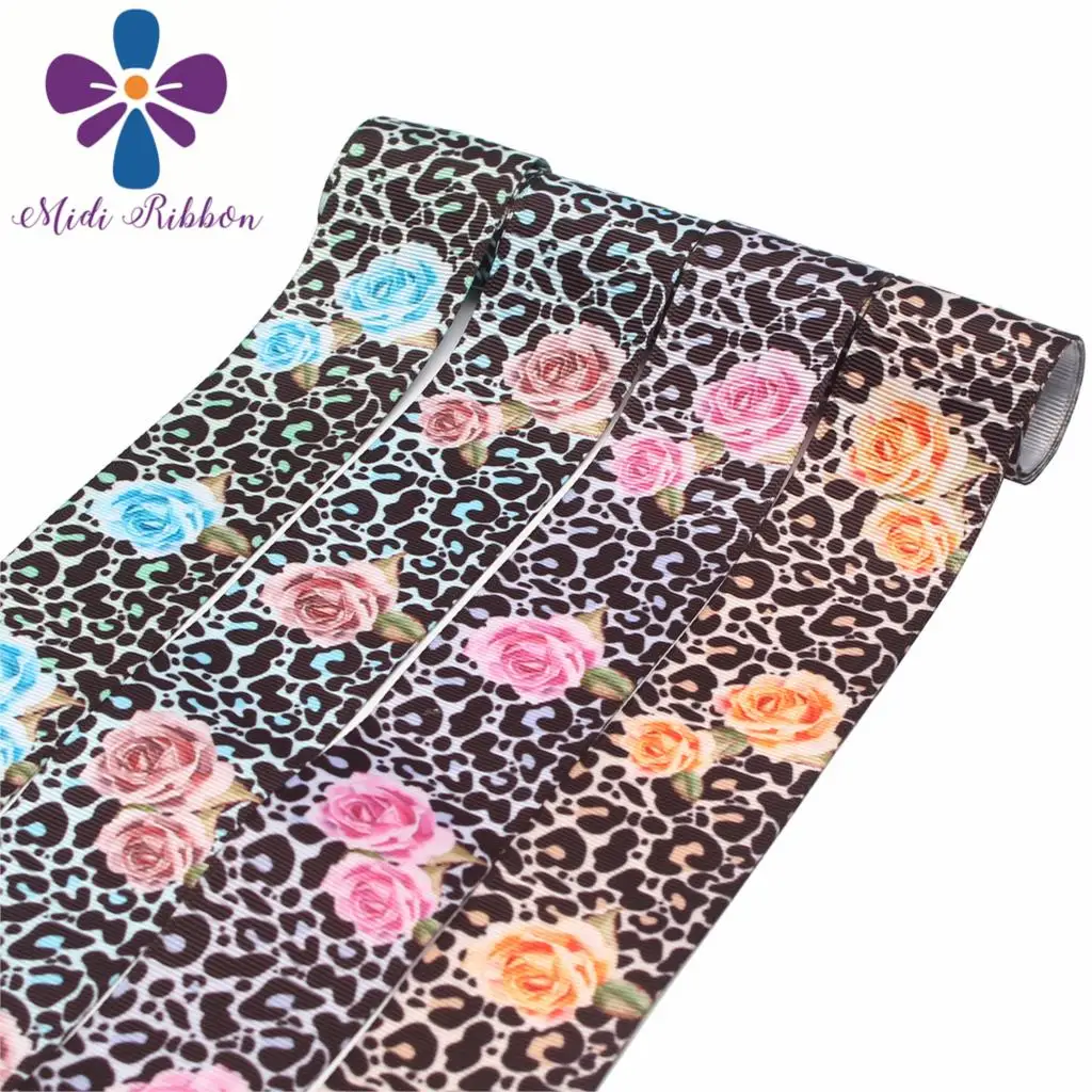 

16mm-75mm Flower Series Leopard Colorful Rose Printed Grosgrain/Foe Ribbon DIY Hair Bowknots Gift Pack 50yards/roll