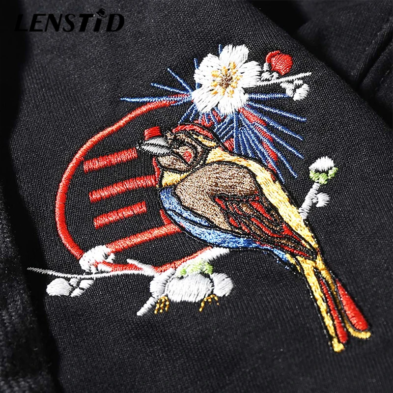 LENSTID мужские хип хоп Вышивка Птицы Сакура пуловер толстовки уличная японский