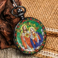 catholicism exquisite pattern black quartz pocket watch digital dial comfortable thick chain pendant best collection for elders