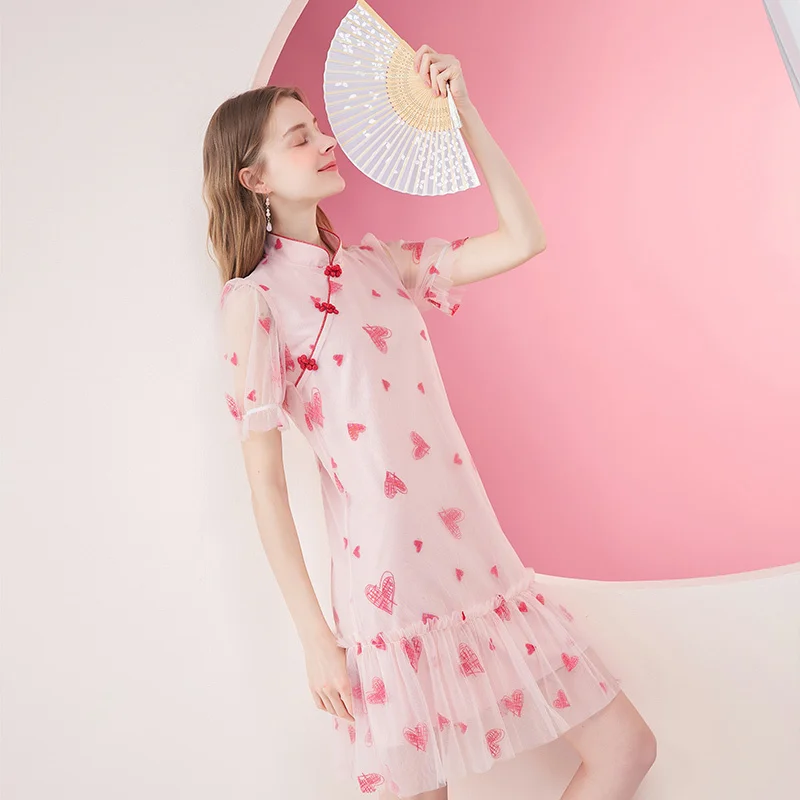 

SHZQ Cheongsam Women's Improved Young 2021 Summer New Pink National Style Coil Buckle Sweet Love Dress