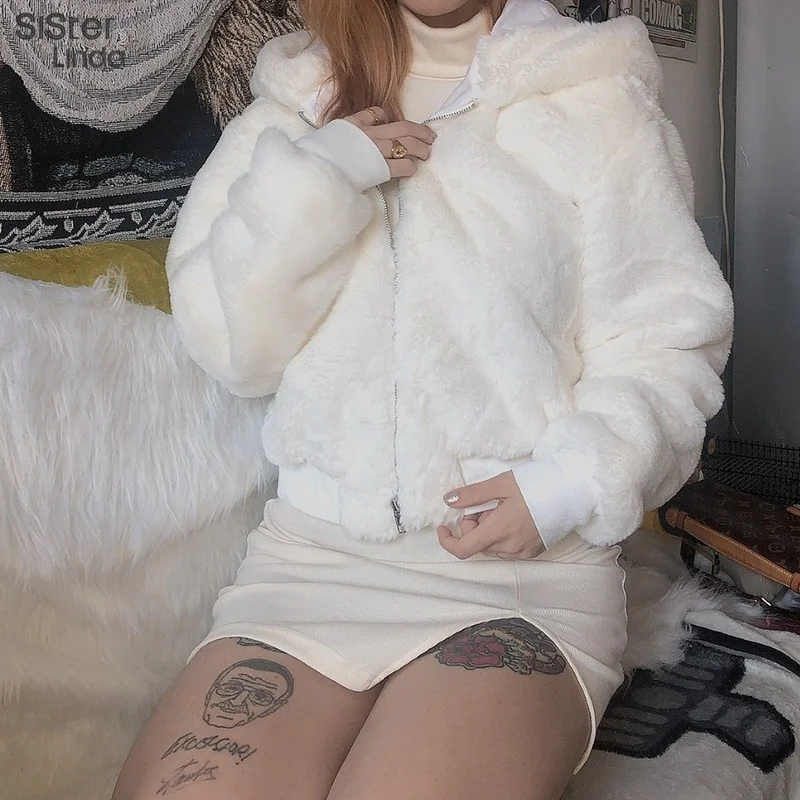 

2021 New European and American Women's Coat Women's Solid Color Long-sleeved Zipper with Hood Plush Loose Women's Coat Women