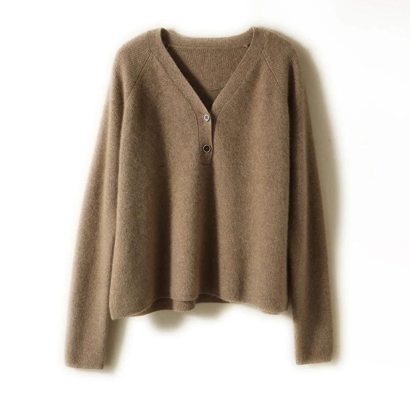 

Autumn and winter new women's V-neck loose shoulder sweater long-sleeved pure wool sweater cashmere knitted bottoming shirt