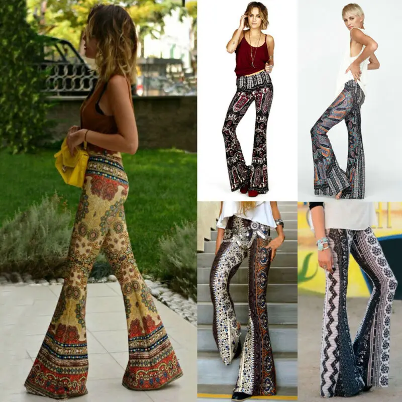 Women's Boho Hippie High Waist Printed Wide Leg Long Flared Bell Bottom Pants | Женская одежда