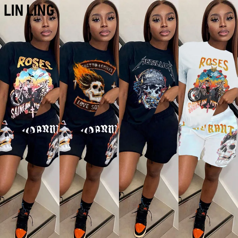 

LINLING Popular O-neck Lettered Print Short Sleeve T-shirt with Shorts Vintage Summer Two Piece Set