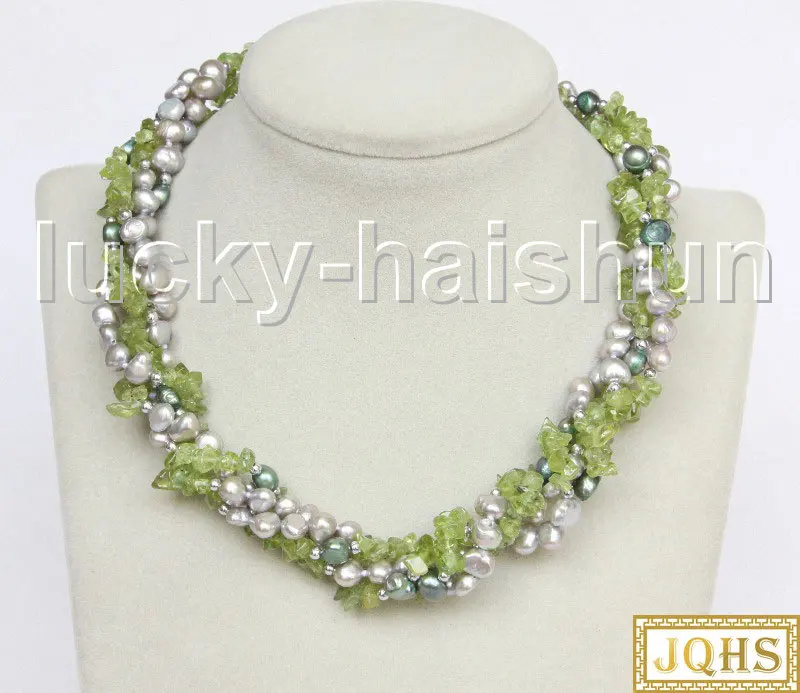 

JQHS Long 74" 8mm Baroque Gray Green Pearls Olivine Beaded Strand Necklace J11555