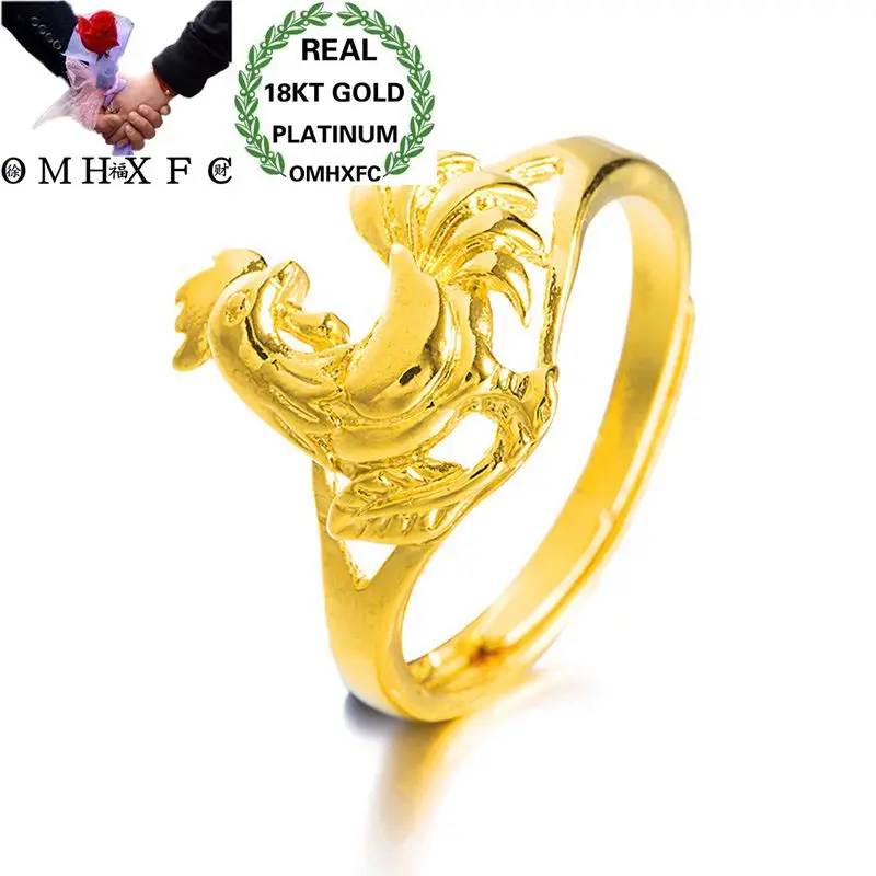 

OMHXFC Wholesale European Fashion Woman Girl Party Bride Birthday Wedding Gift Vintage Cock Resizable 18KT Real Gold Ring RI34