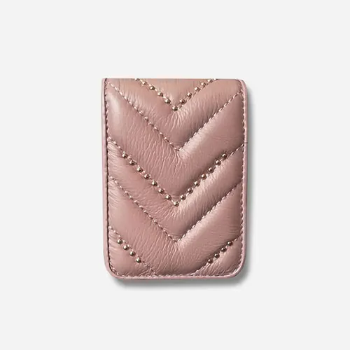 Pink Женский подлинный кожаный чехол для помады, сумка для макияжа с V волнистым узором, Дамский портативный зеркальный чехол из овчины, дизайнерская сумка для макияжа - Цвет: Pink