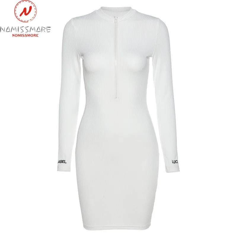 

Fashion Women Spring Autumn Long Sleeve Pencil Dress Zipper Decor O-Neck Letter Print High Waist Slim Hips Pullovers Mini Dress