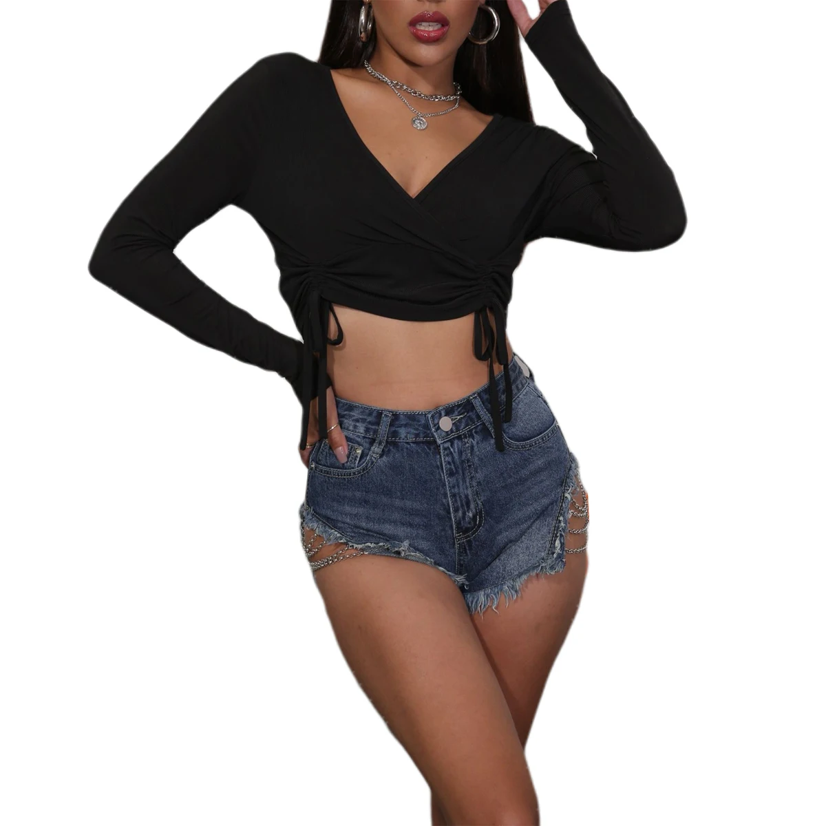 

Women Sexy Long Sleeve V-neck Top Fashion Long Sleeve Lace-up Solid Color Crop Top for Women Ladies