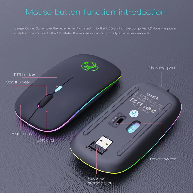 RGB Rechargeable Bluetooth Mouse Wireless Silent USB Ergonomic Light Mouse Gaming Optical PC Mice for Laptop LED Backlit