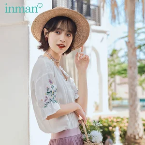 Женская кружевная блузка в стиле ретро, с коротким рукавом и v-образным вырезом, из чистого хлопка, с вышивкой, лето 2020