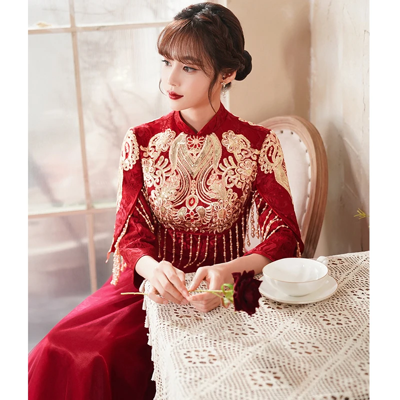 2021 New Chinese Retro Style Wine Red Wedding Dress( Toast/Bridal Skirt -Middle-length Sleeves To Cover Arms-Stand Up Collar In