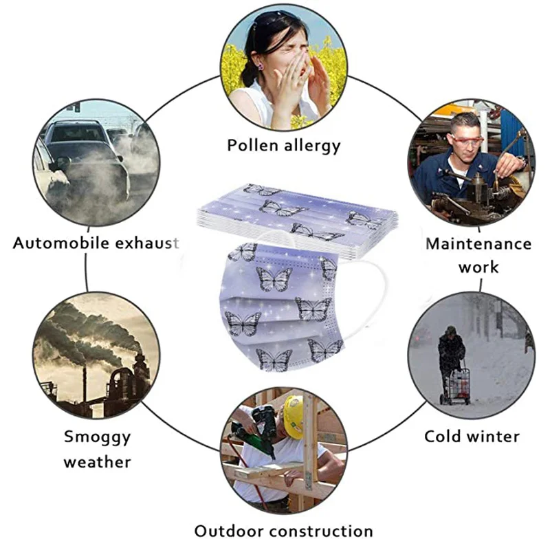 Маска для лица одноразовая унисекс с принтом бабочки фильтрующая Пылезащитная