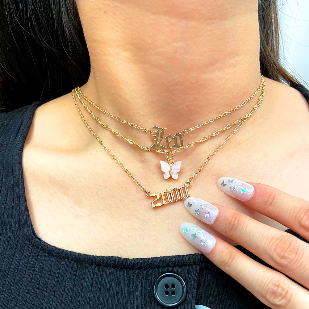 

Fashion Gold Color Cute Butterfly Pendant Necklace For Women Multilayer Punk Constellation Leo Letter Choker Necklaces Jewelry