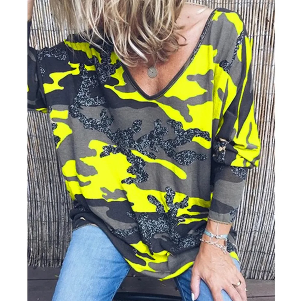 

2019 Women T-Shirt New Fashion Print Deep V-Neck Loose Long Sleeve Casual T-Shirt Tops Female Autumn Hot Sale New Tee Top Ladies