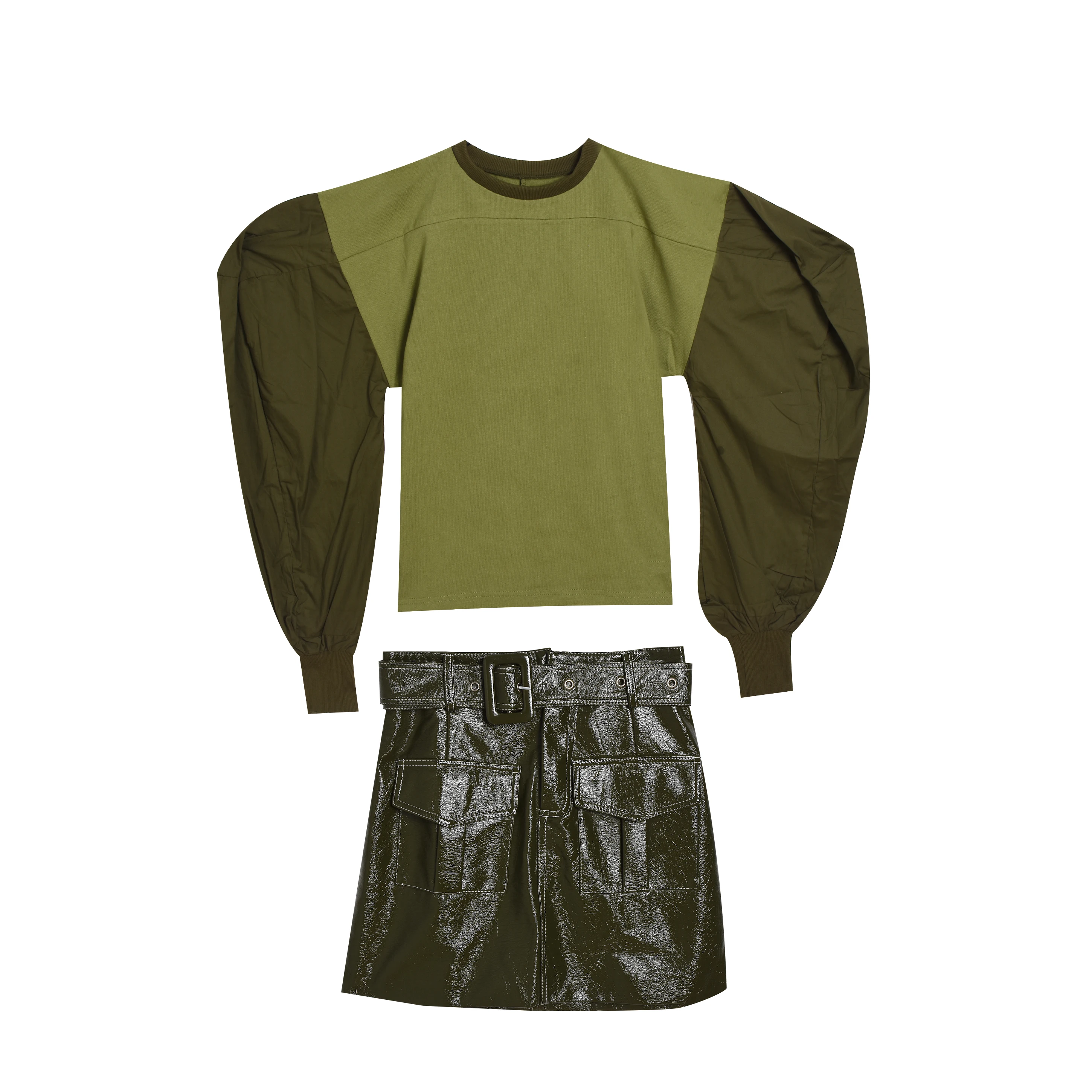 

Spring Women Loose Lantern Sleeve Blouse Spliced Patchwork Shirts And PU Party Sexy Army Green Skirts Clothing Set Suits NS638