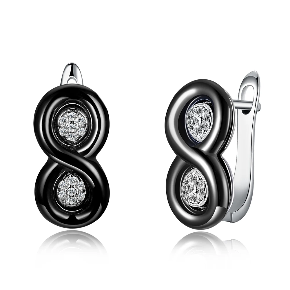 

SILVERHOO 925 Sterling Silver Stud Earrings For Women 8 Shape Black Ceramic 5A Clear Cubic Zirconia Earring Wedding Fine Jewelry