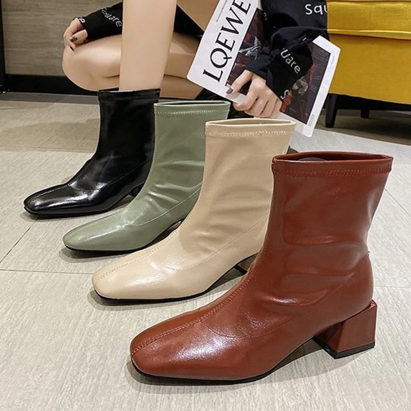 

Women Block High Heels Ankle Boots Winter Female Square Toe Shoes PU Leather Chelsea Boots High Quality Short Boots 2021 Shoes