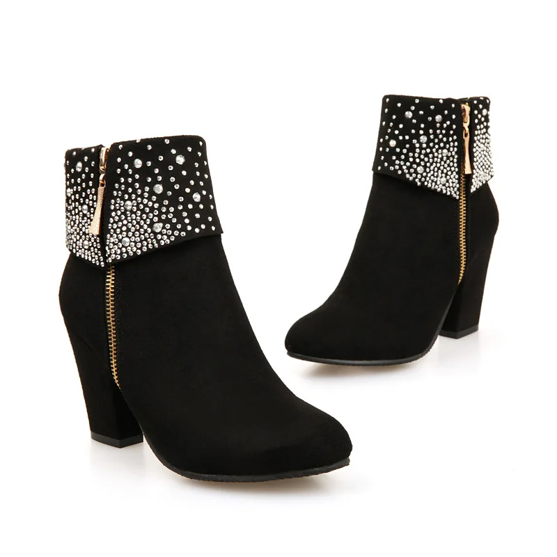 

Ladies Ankle Boots Red Women's Rhinestone Scrub High Heels Zipper Boots Large Size High Heels Short Tube Women's Boots