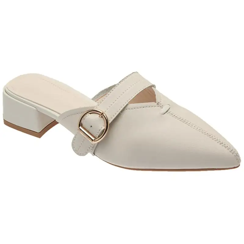 

Cover Toe Female Shoes Slippers Soft Rivet Slides Beige Heeled Sandals Square heel Med 2021 Comfort Summer Pointed Black Block M