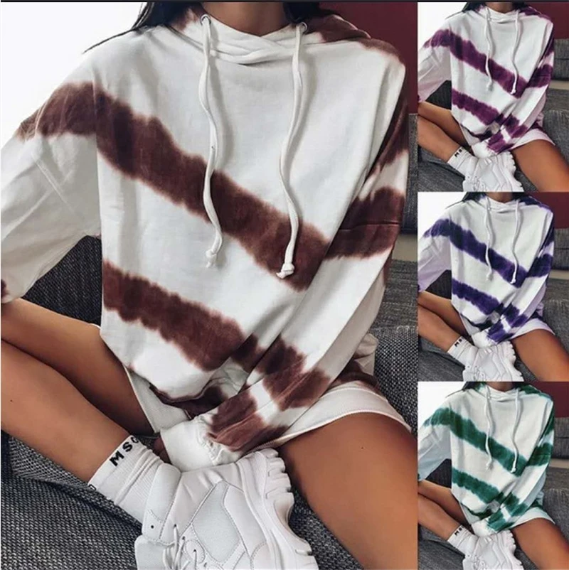 

2020 New Arrival Hoodies Casual Autunm Hot Sale Women Long Sleeve Striped Tie Dye Print Pullover 4 Colors