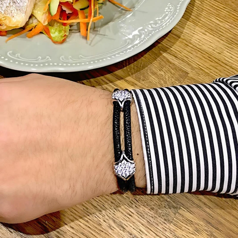 Модный двухслойный браслет из натуральной кожи Таиланда 5 мм черный кожаный