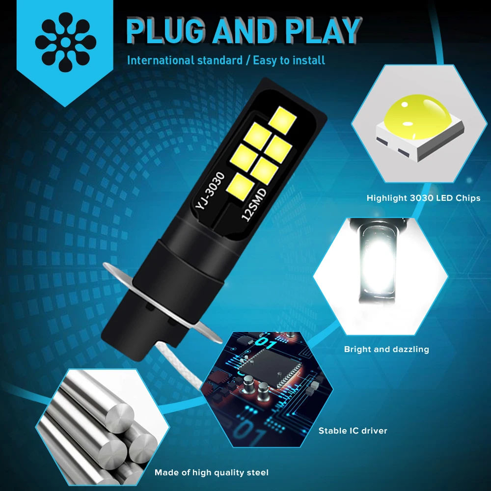 Светодиодные лампы H1 H3 2 шт. супер яркие противотуманные фары для автомобиля 12 3030