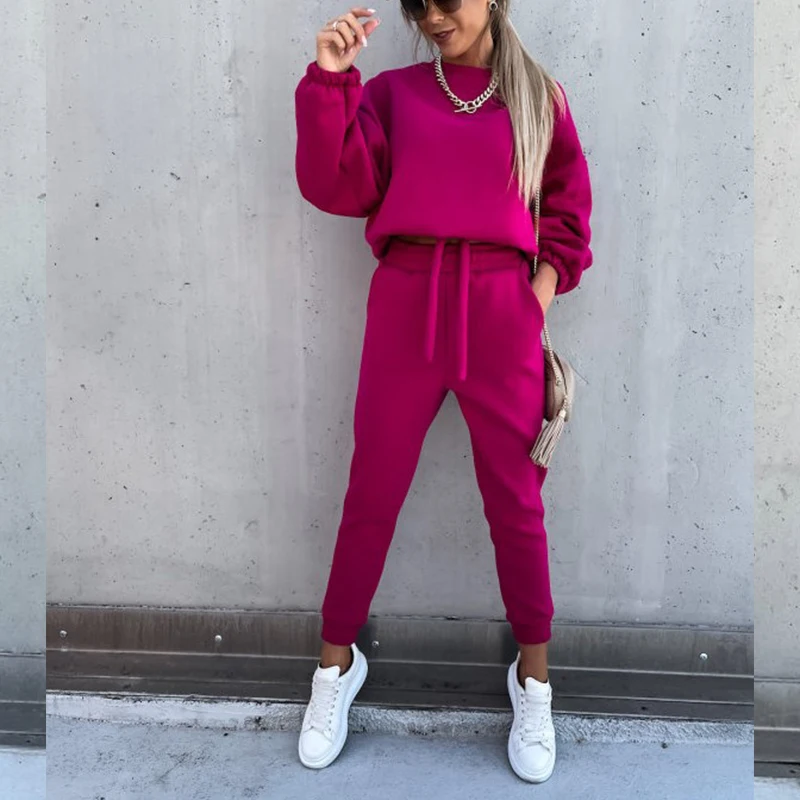 

Women Round Neck Jacket Stretch Waist Trousers Suit Winter Solid Pocket Casual Sportswear Ladies Loose Plus Size 3XL Suit Femme