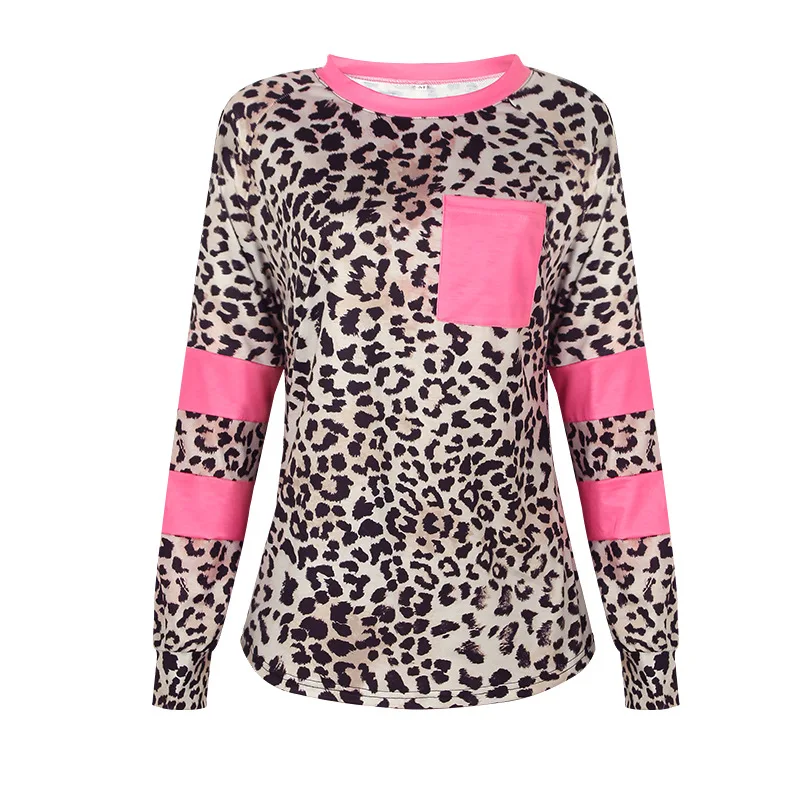 

Fashion Women's T-shirt New Hot Sale Casual Round Neck Pullover Leopard Print Stitching Pocket Short-sleeved T-shirt Donsignet