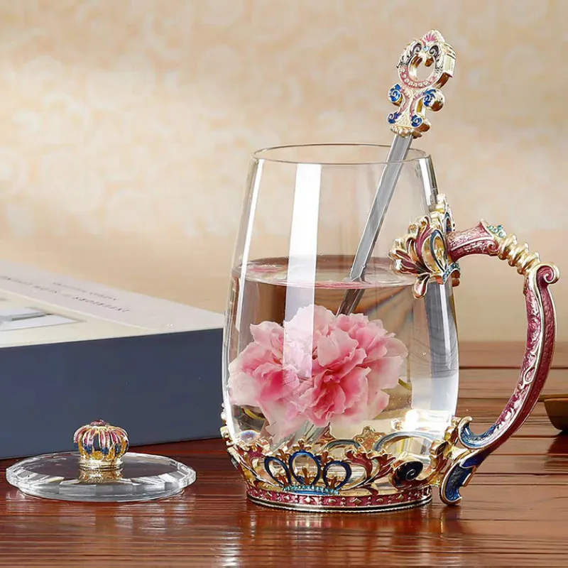 Эмалированная стеклянная кружка с ложкой бытовая термостойкая посуда для