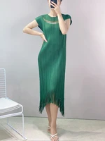 2021 summer womens hollow tassel dress miyak fold fashion slim plus size slim round neck solid color fishtail dress