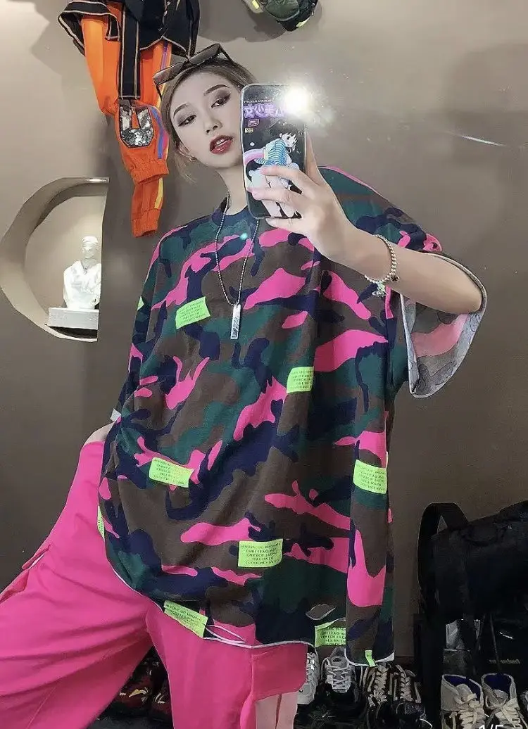 

2021 Summer Women T-Shirt Vintage Camouflage Top Contrast Color Oversized Casual Holiday T-Shirts Short Sleeve Clothing XC806