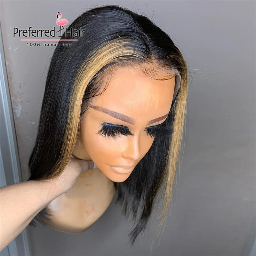 

Preferred Pre Plucked Short Bob Wig Pink Transparent Lace Wigs With Bangs Honey Blonde Lace Front Human Hair Wigs for Women