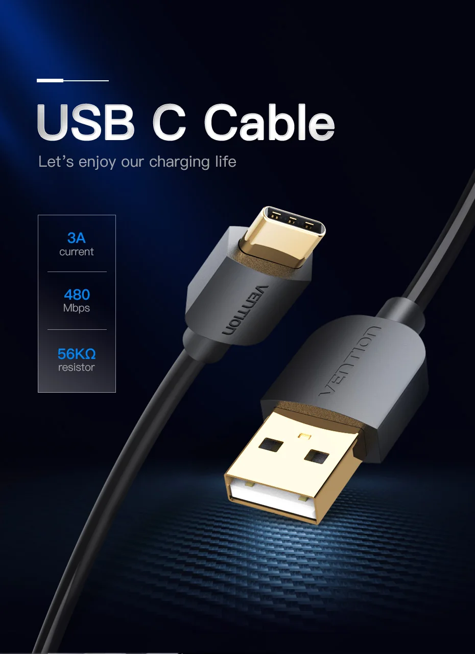 Vention usb type C кабель для samsung S10 huawei P30 Pro Быстрая зарядка type-C мобильный телефон зарядный провод USB C кабель для samsung S9