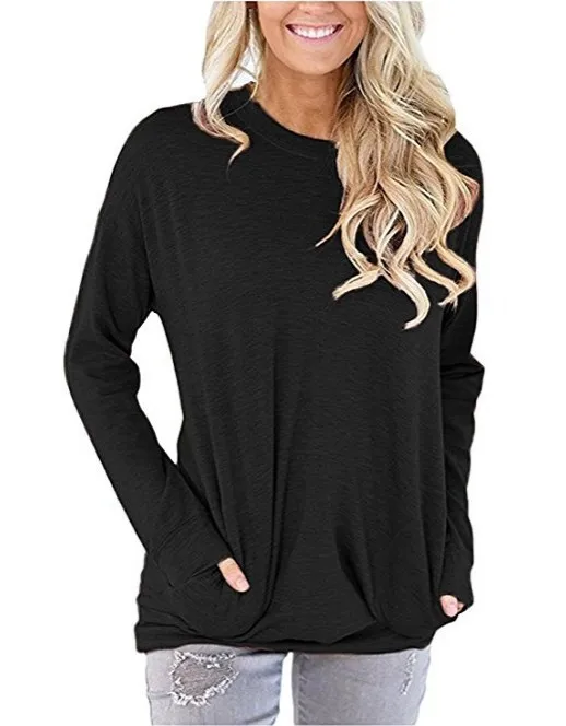 

Hot style women's tops American and EUR fashion solid color loose O-neck pocket long sleeve T-shirt women 7 Color and 5 Size