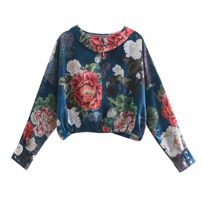 

XNWMNZ women Vintage Printed cropped blouse female casual Long sleeve blouse with a round neck and elastic hem chic tops