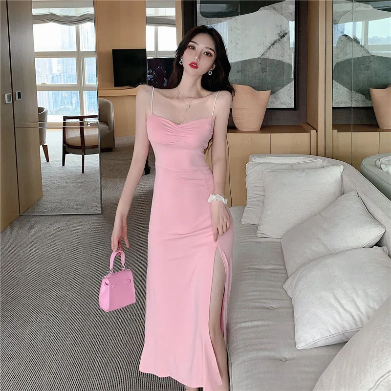 

2021 Summer Women New Sexy Dresses Pleated V-Neck Split Long Dress Slim Waist Dress With Halter Dresses One Piece