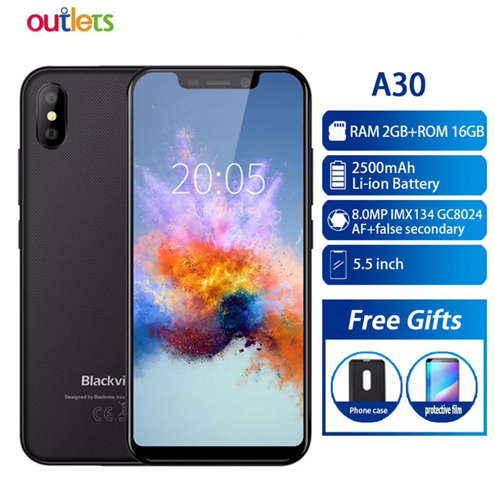 Смартфон Blackview A30, 5,5 дюймов, 19:9, полный экран, четырехъядерный процессор MTK6580A, 2 Гб+ 16 ГБ, Android 8,1, две sim-карты, 3G, мобильный телефон с функцией распознавания лица