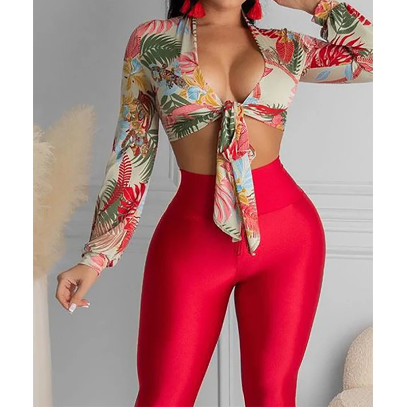

Tropical Flower Printed Women Pants Set Tank Top High Waist Tracksuit Sets Long Sleeve Top + Long Pants Sport Outfits