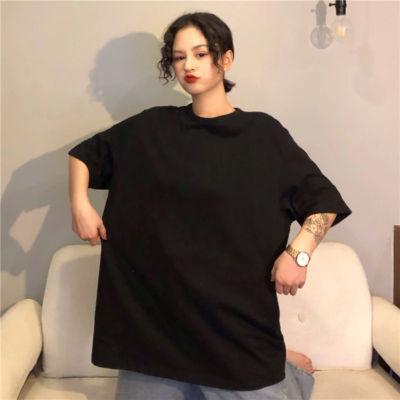 

New 2021 Casual Cotton Basic Women Summer T-Shirts Loose Short Sleeve Female Solid Tshirt Harajuku Tees Korean Student Tops 067