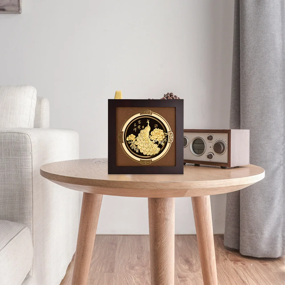 Картина с 3d павлином в рамке настенная живопись листьями 24 каратного золота