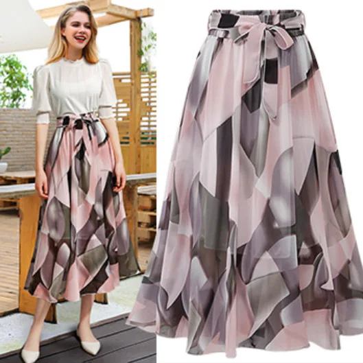 

European and American wind broken flower chiffon skirt in the long printed large swing skirt women's skirt